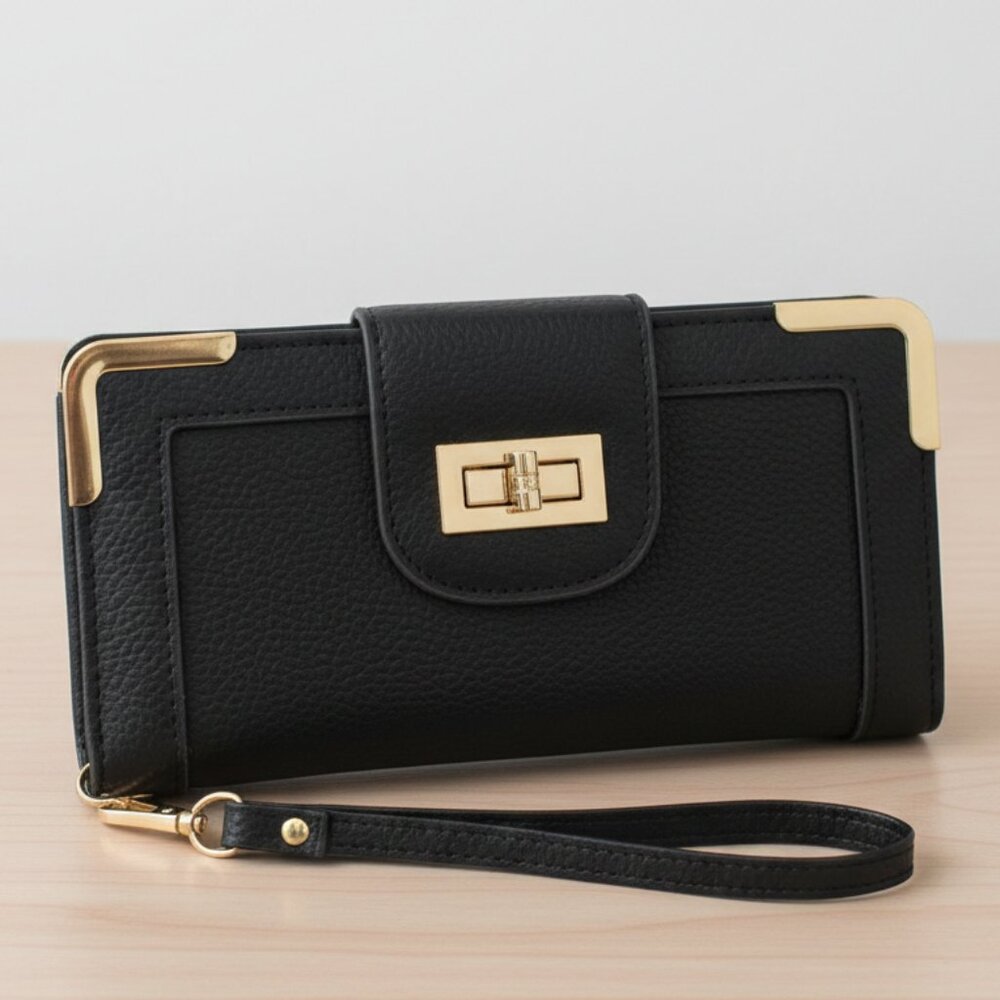 Bottari USA Black Pebble Vegan Leather Crossbody Wallet Wristlet Gold Hardware